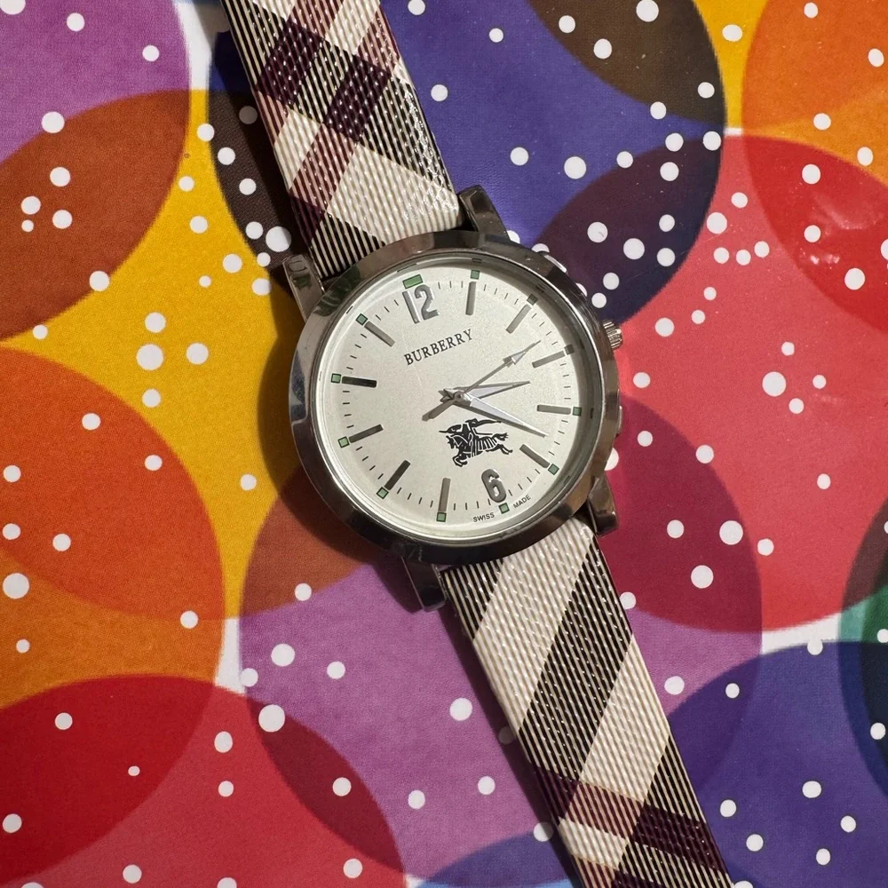 Men's large face Watch - Silver and Cream Plaid - Picture 2 of 11